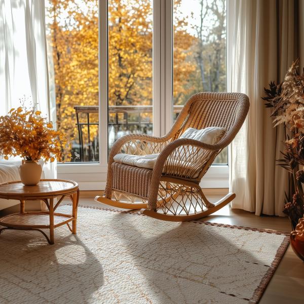 Fauteuil suspendu en rotin dans un salon lumineux avec vue sur l'automne et décoration confortable.